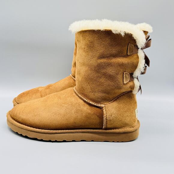 UGG Boots Womens 8 Brown Suede Fur Bailey Ribbon Bow Short Shearling Classic - Picture 4 of 11
